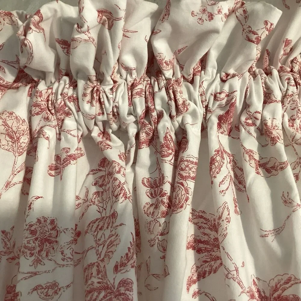 valance 80W”x20L” garnett red cotton tier curtain floral botanical 4 tie backs